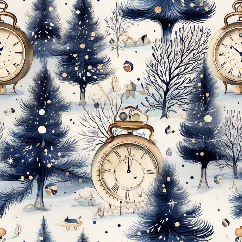 navy blue, cream white, gold accents, winter trees, vintage clocks, pocket watches, roman numerals, snow pattern, evergreen trees, bare branches, winter landscape,, fabric panel, seamless repeat, watercolor style, midnight blue, antique timepieces, frozen branches, winter wonderland, nostalgic mood