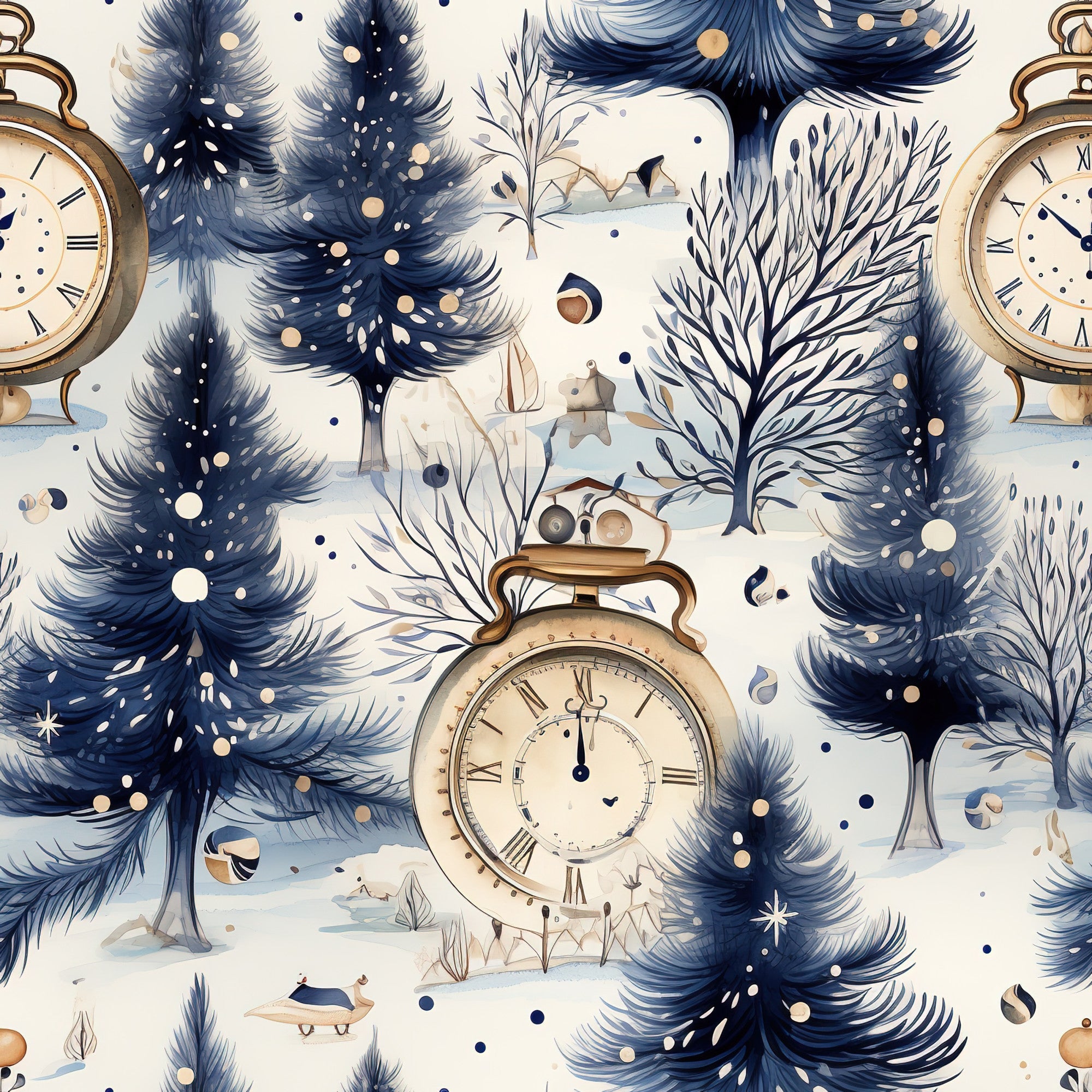 navy blue, cream white, gold accents, winter trees, vintage clocks, pocket watches, roman numerals, snow pattern, evergreen trees, bare branches, winter landscape,, fabric panel, seamless repeat, watercolor style, midnight blue, antique timepieces, frozen branches, winter wonderland, nostalgic mood