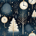 navy blue, cream, gold, bronze, winter trees, clock faces, ornaments, snowflakes, geometric shapes, branches, bare trees, evergreen trees, midnight blue, celestial elements, vintage clocks, roman numerals,, fabric panel, winter theme, botanical motifs, decorative baubles, starbursts, elegant design, sophisticated pattern