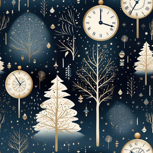 navy blue, cream, gold, bronze, winter trees, clock faces, ornaments, snowflakes, geometric shapes, branches, bare trees, evergreen trees, midnight blue, celestial elements, vintage clocks, roman numerals,, fabric panel, winter theme, botanical motifs, decorative baubles, starbursts, elegant design, sophisticated pattern