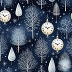 navy blue, winter pattern, pocket watches, bare trees, snowflakes, white clocks, roman numerals, winter foliage, cotton fabric, quilting panel, midnight blue, cream white, botanical elements, winter wonderland, timepiece motif, falling snow, delicate branches, seasonal design, winter trees, vintage clocks