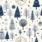 winter pattern,, fabric panel, navy blue, cream background, evergreen trees, pine trees, vintage clocks, snowflakes, heart motifs, winter forest, botanical design, midnight blue, gold accents, bare trees, decorative trees, winter wonderland, roman numerals, timepiece design, seasonal motifs