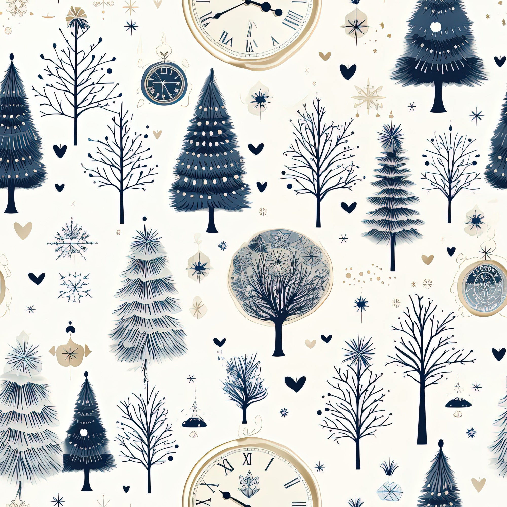 winter pattern,, fabric panel, navy blue, cream background, evergreen trees, pine trees, vintage clocks, snowflakes, heart motifs, winter forest, botanical design, midnight blue, gold accents, bare trees, decorative trees, winter wonderland, roman numerals, timepiece design, seasonal motifs