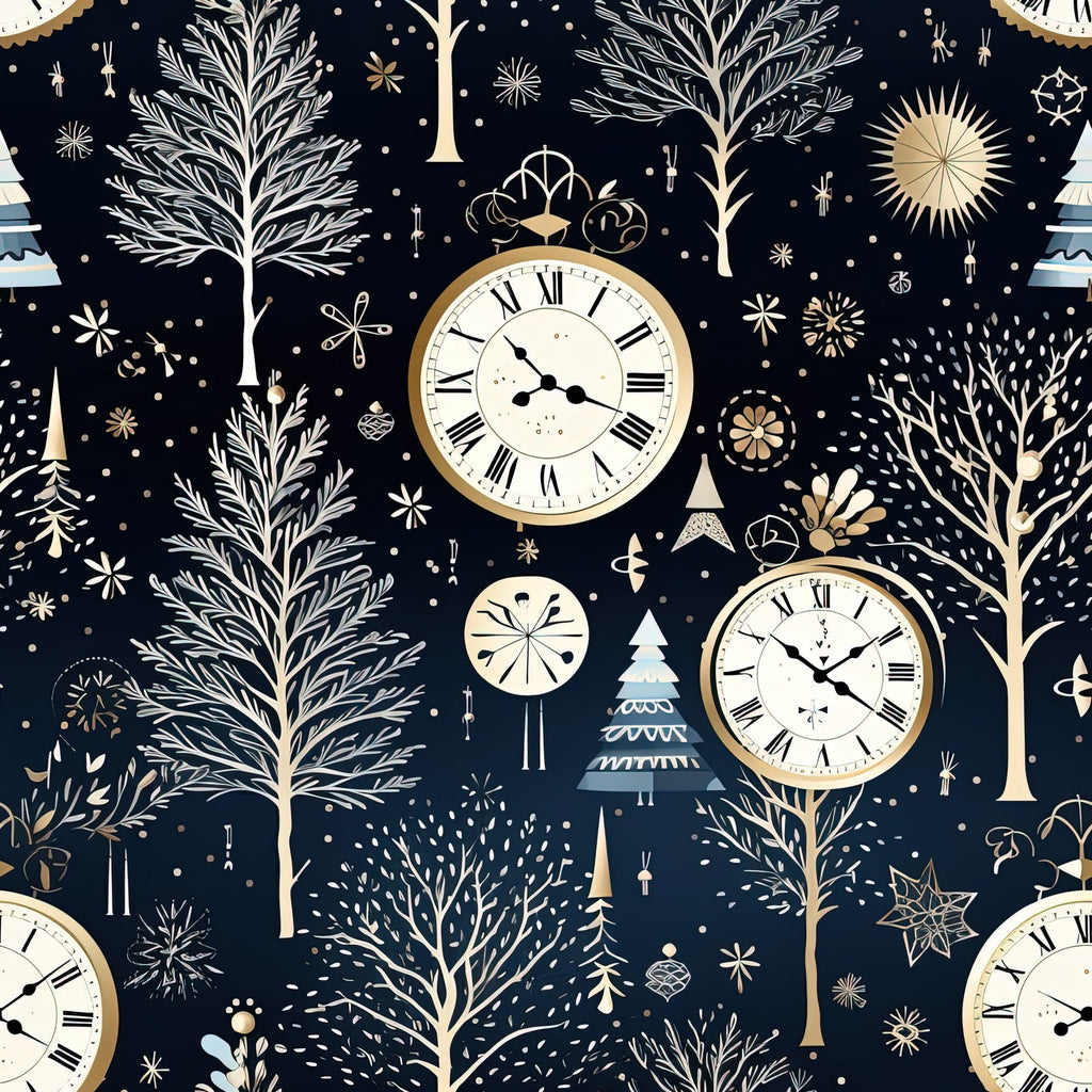 navy blue, cream, gold, winter pattern, pocket watches, bare trees, snowflakes, christmas trees, ornaments, vintage clocks, roman numerals,, fabric panel, winter theme, midnight blue, celestial motifs, botanical elements, holiday design, scattered dots, timeless pattern