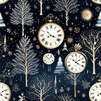 navy blue, cream, gold, winter pattern, pocket watches, bare trees, snowflakes, christmas trees, ornaments, vintage clocks, roman numerals,, fabric panel, winter theme, midnight blue, celestial motifs, botanical elements, holiday design, scattered dots, timeless pattern