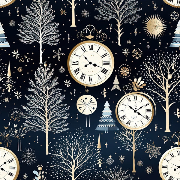 navy blue, cream, gold, winter pattern, pocket watches, bare trees, snowflakes, christmas trees, ornaments, vintage clocks, roman numerals,, fabric panel, winter theme, midnight blue, celestial motifs, botanical elements, holiday design, scattered dots, timeless pattern