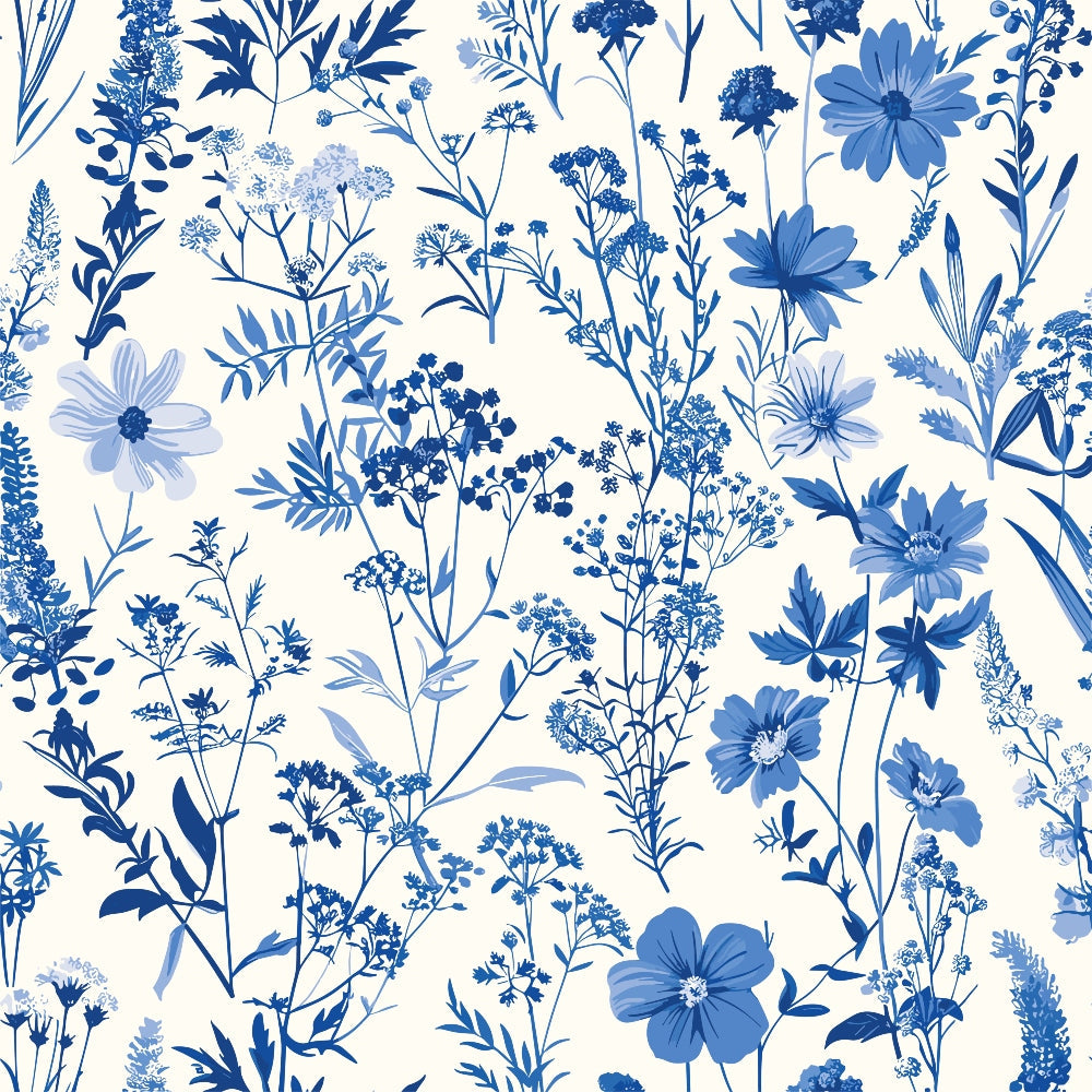Blue floral pattern with various flowers and leaves on a white background.