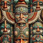 teal, orange, cream, brown, totem pole, tribal faces, wings, geometric patterns, native american inspired, intricate details, mystical, ceremonial masks, feathers, symmetrical design,, fabric panel, spiritual motifs, carved wood appearance, cultural art, decorative borders