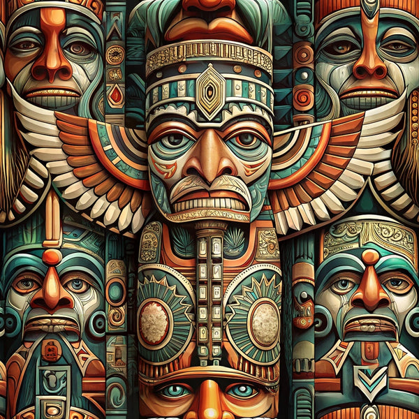 teal, orange, cream, brown, totem pole, tribal faces, wings, geometric patterns, native american inspired, intricate details, mystical, ceremonial masks, feathers, symmetrical design,, fabric panel, spiritual motifs, carved wood appearance, cultural art, decorative borders