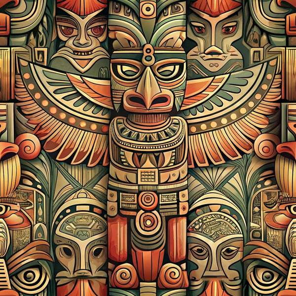totem pole, tribal art, indigenous design, winged figures, earth tones, orange, green, beige, rust, geometric patterns, carved faces, native american, spiritual symbols,, fabric panel, southwestern style, ceremonial masks, ancient motifs, cultural artwork, symmetrical design