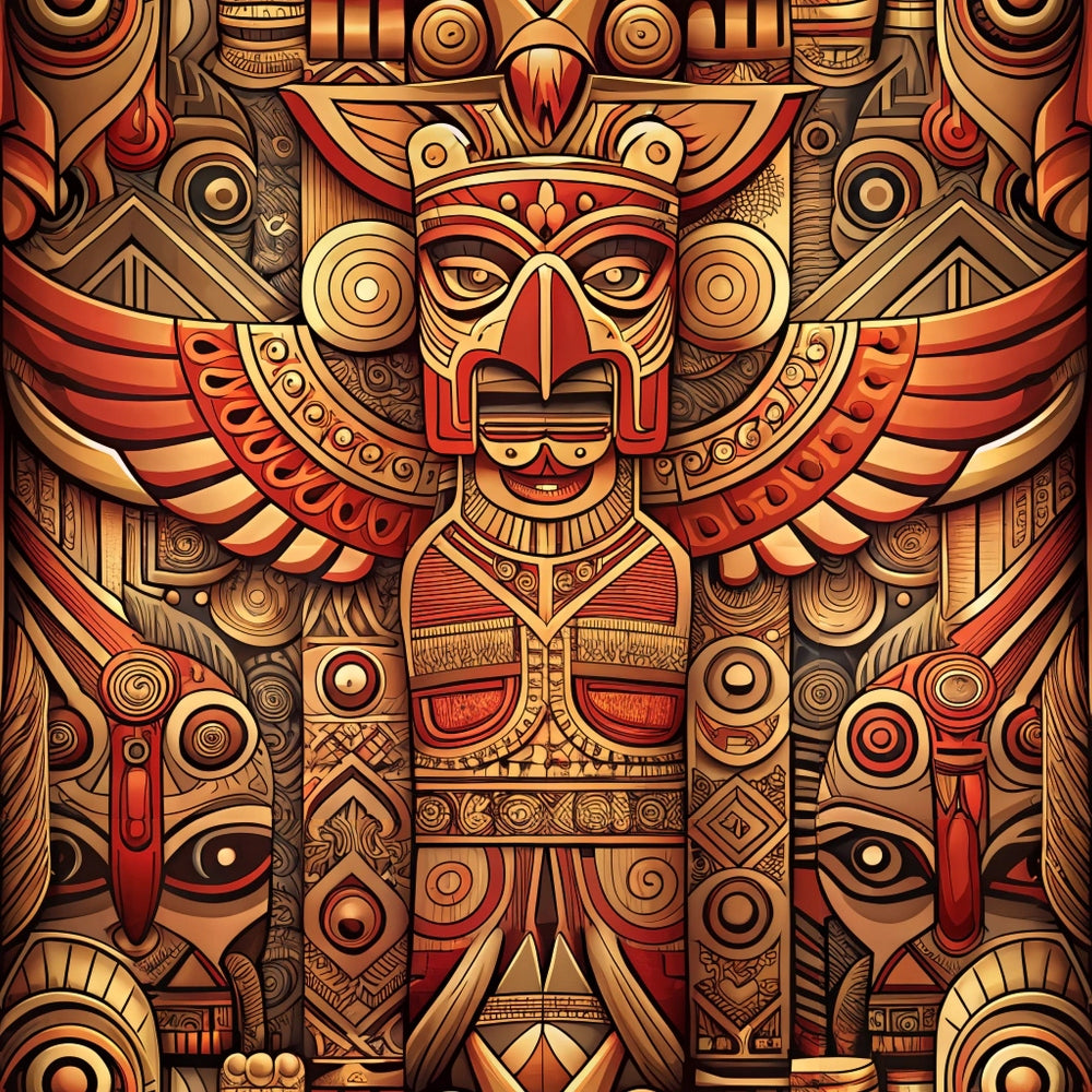totem pole, tribal art, native american, winged figure, geometric patterns, carved wood texture, earth tones, russet red, golden brown, amber, copper, circular motifs, indigenous design, spiritual symbols, ceremonial mask, eagle wings,, fabric panel, southwestern style, sacred imagery