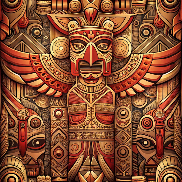 totem pole, tribal art, native american, winged figure, geometric patterns, carved wood texture, earth tones, russet red, golden brown, amber, copper, circular motifs, indigenous design, spiritual symbols, ceremonial mask, eagle wings,, fabric panel, southwestern style, sacred imagery