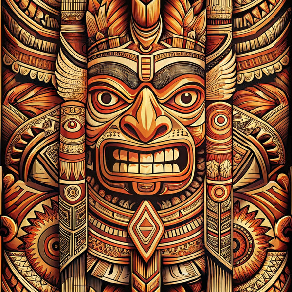 totem pole, tribal mask, geometric patterns, orange tones, brown shades, cream colors, red accents, intricate details, indigenous art, carved wood appearance, feathers, ceremonial design, native american inspired,, fabric panel, fierce expression, cultural motifs, earthy palette, decorative borders, spiritual symbols