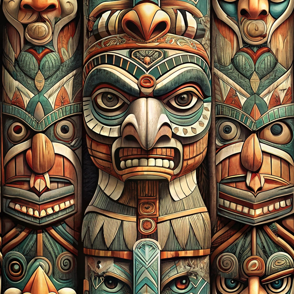 totem poles, tribal art, native american, carved wood, turquoise, rust orange, forest green, cream, brown, geometric patterns, spiritual figures, indigenous design,, fabric panel, ceremonial masks, pacific northwest, cultural motifs, wooden texture, earth tones, copper accents