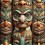 totem poles, tribal art, native american, carved wood, turquoise, rust orange, forest green, cream, brown, geometric patterns, spiritual figures, indigenous design,, fabric panel, ceremonial masks, pacific northwest, cultural motifs, wooden texture, earth tones, copper accents