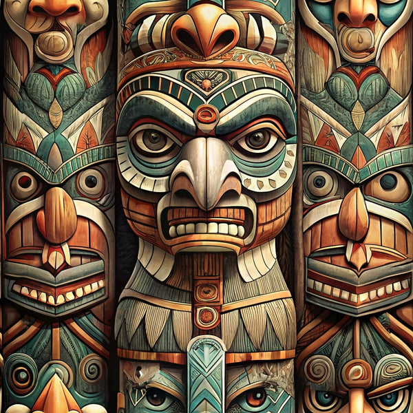 totem poles, tribal art, native american, carved wood, turquoise, rust orange, forest green, cream, brown, geometric patterns, spiritual figures, indigenous design,, fabric panel, ceremonial masks, pacific northwest, cultural motifs, wooden texture, earth tones, copper accents