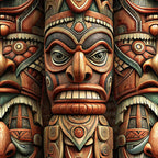 totem pole, tribal art, native american, carved wood, russet brown, deep red, forest green, cream accents, geometric patterns, indigenous design, ceremonial masks, pacific northwest, cultural symbols,, fabric panel, earth tones, wooden texture, spiritual figures, ancient art, detailed carving