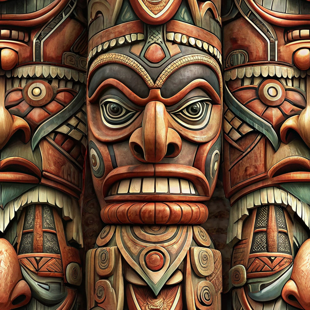 totem pole, tribal art, native american, carved wood, russet brown, deep red, forest green, cream accents, geometric patterns, indigenous design, ceremonial masks, pacific northwest, cultural symbols,, fabric panel, earth tones, wooden texture, spiritual figures, ancient art, detailed carving