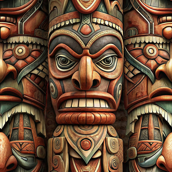 totem pole, tribal art, native american, carved wood, russet brown, deep red, forest green, cream accents, geometric patterns, indigenous design, ceremonial masks, pacific northwest, cultural symbols,, fabric panel, earth tones, wooden texture, spiritual figures, ancient art, detailed carving