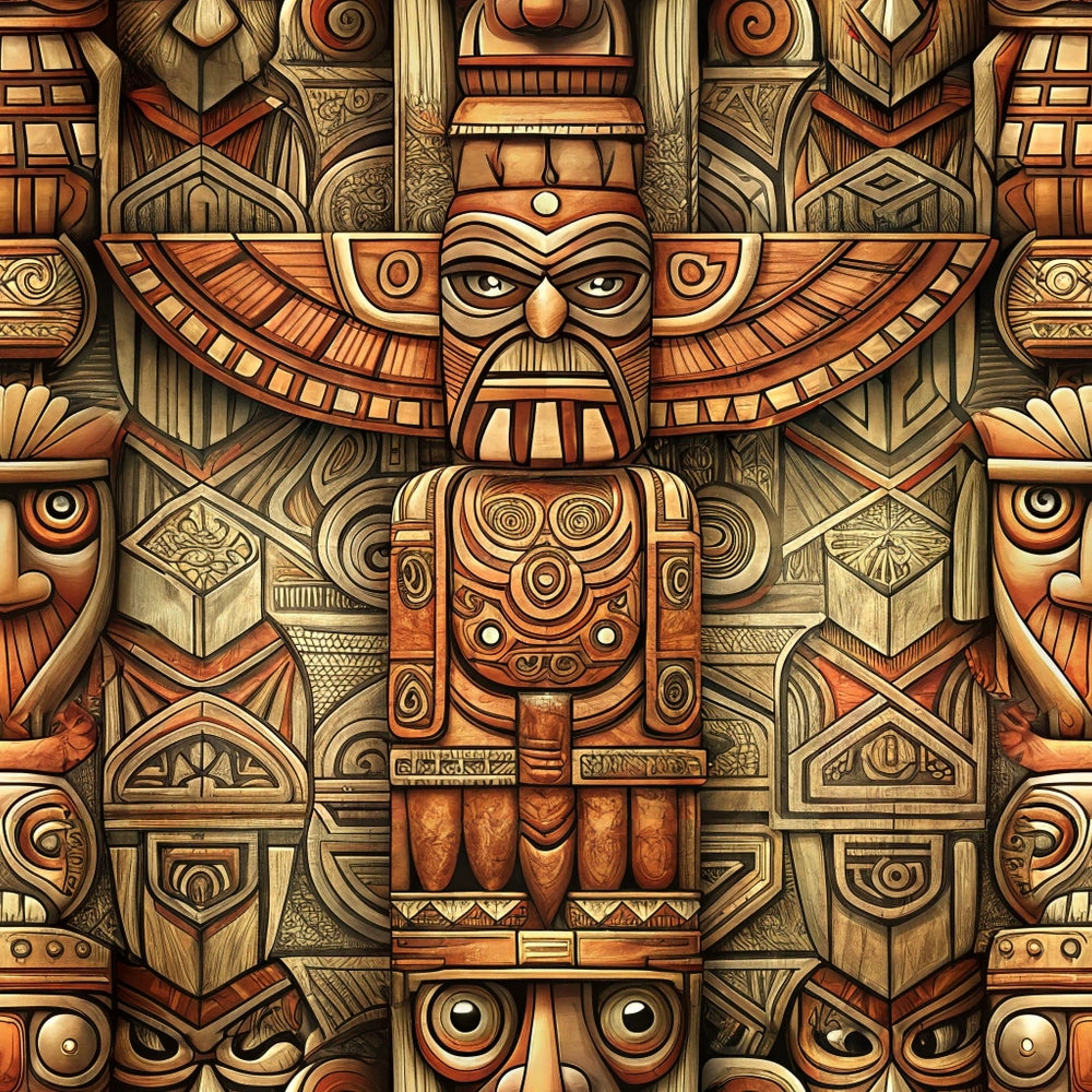 totem pole, tribal figures, native american, wooden carvings, brown tones, tan colors, orange hues, geometric patterns, indigenous art, carved faces, eagle wings, spiral motifs,, fabric panel, earthy palette, cultural designs, ceremonial totems, pacific northwest, intricate details, symmetrical layout