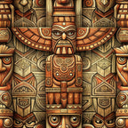 totem pole, tribal figures, native american, wooden carvings, brown tones, tan colors, orange hues, geometric patterns, indigenous art, carved faces, eagle wings, spiral motifs,, fabric panel, earthy palette, cultural designs, ceremonial totems, pacific northwest, intricate details, symmetrical layout