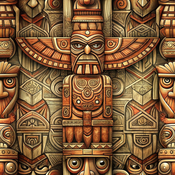 totem pole, tribal figures, native american, wooden carvings, brown tones, tan colors, orange hues, geometric patterns, indigenous art, carved faces, eagle wings, spiral motifs,, fabric panel, earthy palette, cultural designs, ceremonial totems, pacific northwest, intricate details, symmetrical layout