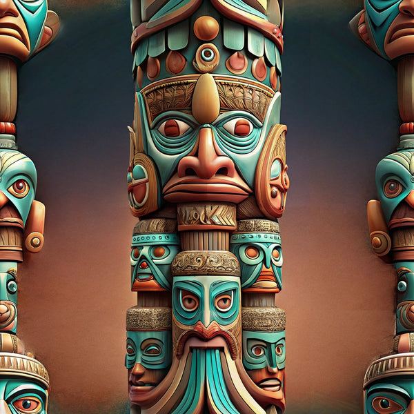 turquoise, coral, brown, copper, teal, totem pole, tribal faces, carved figures, stacked design, geometric patterns, native american, indigenous art, spiritual symbols, vertical arrangement, dramatic eyes, ornate details,, fabric panel, cultural motifs, mystical atmosphere