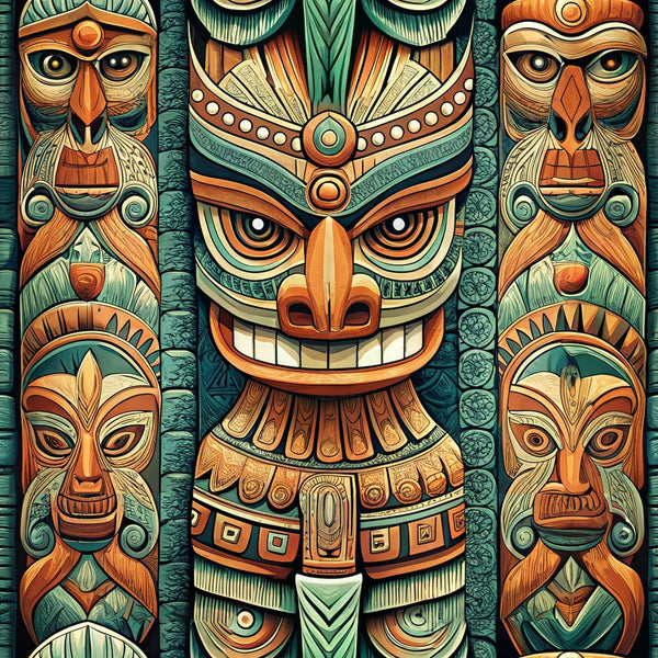 totem pole, tribal figures, native american art, orange, teal, turquoise, copper, geometric patterns, carved wood appearance, intricate details, spiritual symbols,, fabric panel, indigenous design, earth tones, ceremonial art, pacific northwest style, decorative motifs, cultural artwork, stylized faces