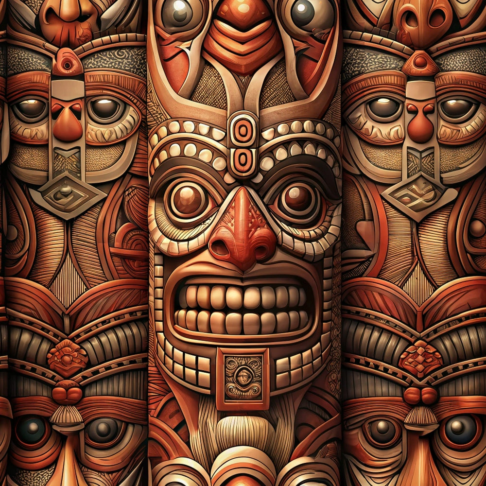 totem pole, tribal masks, indigenous art, carved faces, earthtone colors, russet brown, burnt orange, cream beige, geometric patterns, ceremonial masks, native american inspired, intricate detailing, spiritual symbols,, fabric panel, cultural motifs, wooden texture, sacred imagery, ethnic design, mystical faces