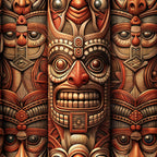 totem pole, tribal masks, indigenous art, carved faces, earthtone colors, russet brown, burnt orange, cream beige, geometric patterns, ceremonial masks, native american inspired, intricate detailing, spiritual symbols,, fabric panel, cultural motifs, wooden texture, sacred imagery, ethnic design, mystical faces