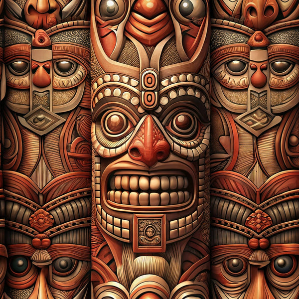 totem pole, tribal masks, indigenous art, carved faces, earthtone colors, russet brown, burnt orange, cream beige, geometric patterns, ceremonial masks, native american inspired, intricate detailing, spiritual symbols,, fabric panel, cultural motifs, wooden texture, sacred imagery, ethnic design, mystical faces
