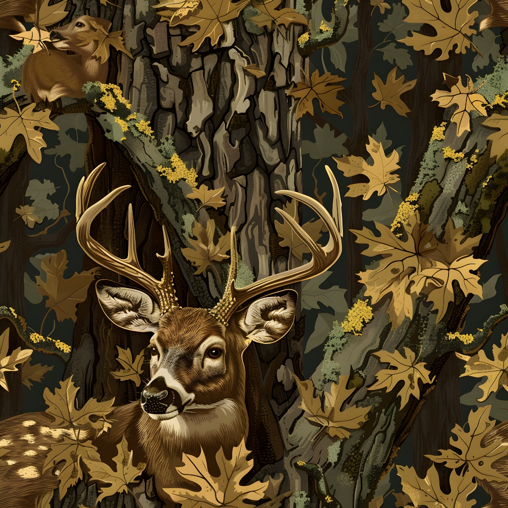 Illustration of a deer with antlers in a forest, surrounded by fallen leaves and tree trunks. A squirrel sits on a branch above, blending into the autumn foliage.
