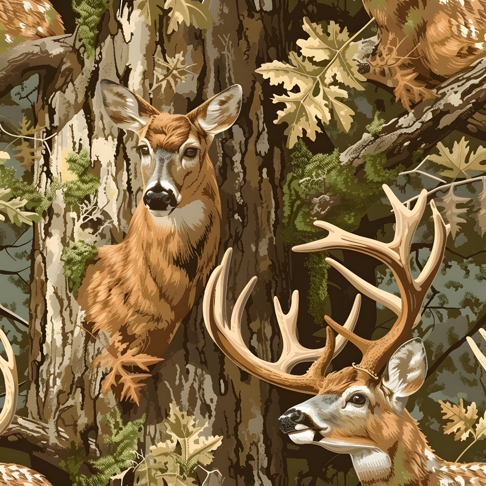 Deer camouflaged among tree trunks and leaves in a forest scene, featuring detailed antlers and foliage.