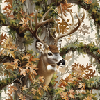 A deer with large antlers stands amidst autumn foliage and branches, partially concealed by the leaves.