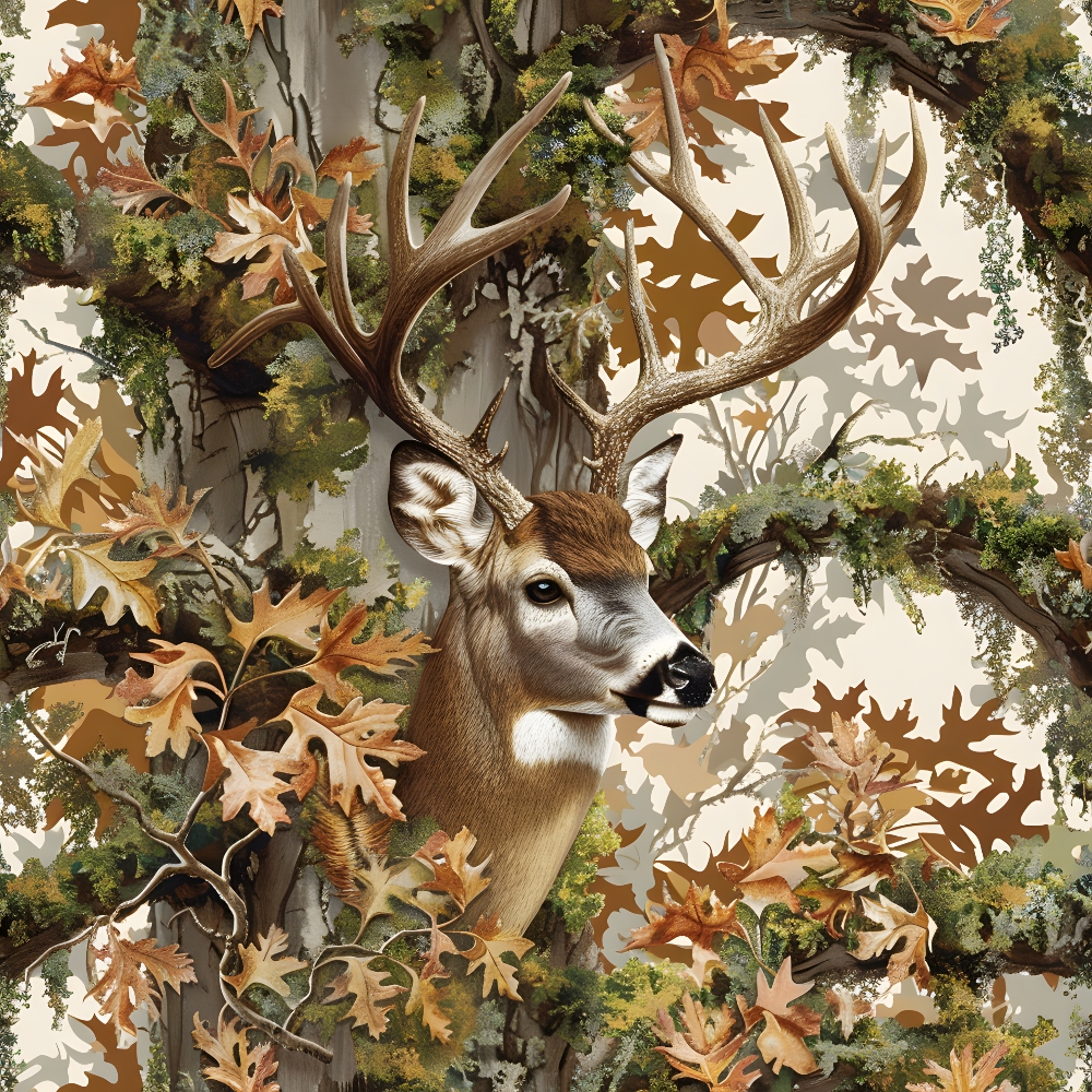 A deer with large antlers stands amidst autumn foliage and branches, partially concealed by the leaves.