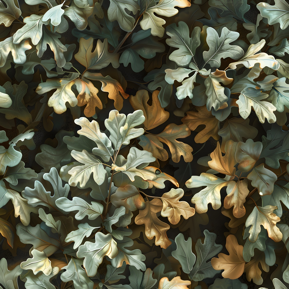 An overhead view of numerous oak leaves with a mix of green and brown hues, creating a dense and textured pattern.