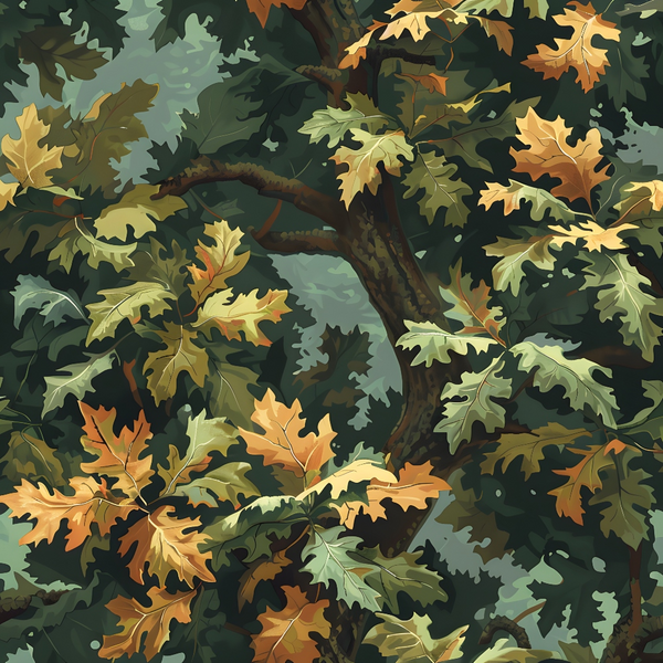 Illustrated autumn leaves in green, yellow, and orange hues on tree branches, set against a dark background.