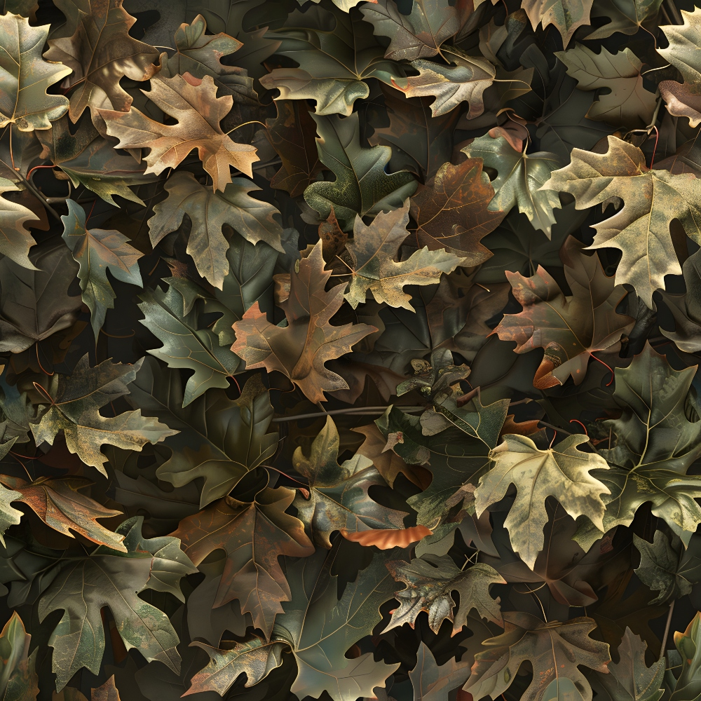 A collection of overlapping autumn leaves in various shades of brown, green, and orange covers the ground.