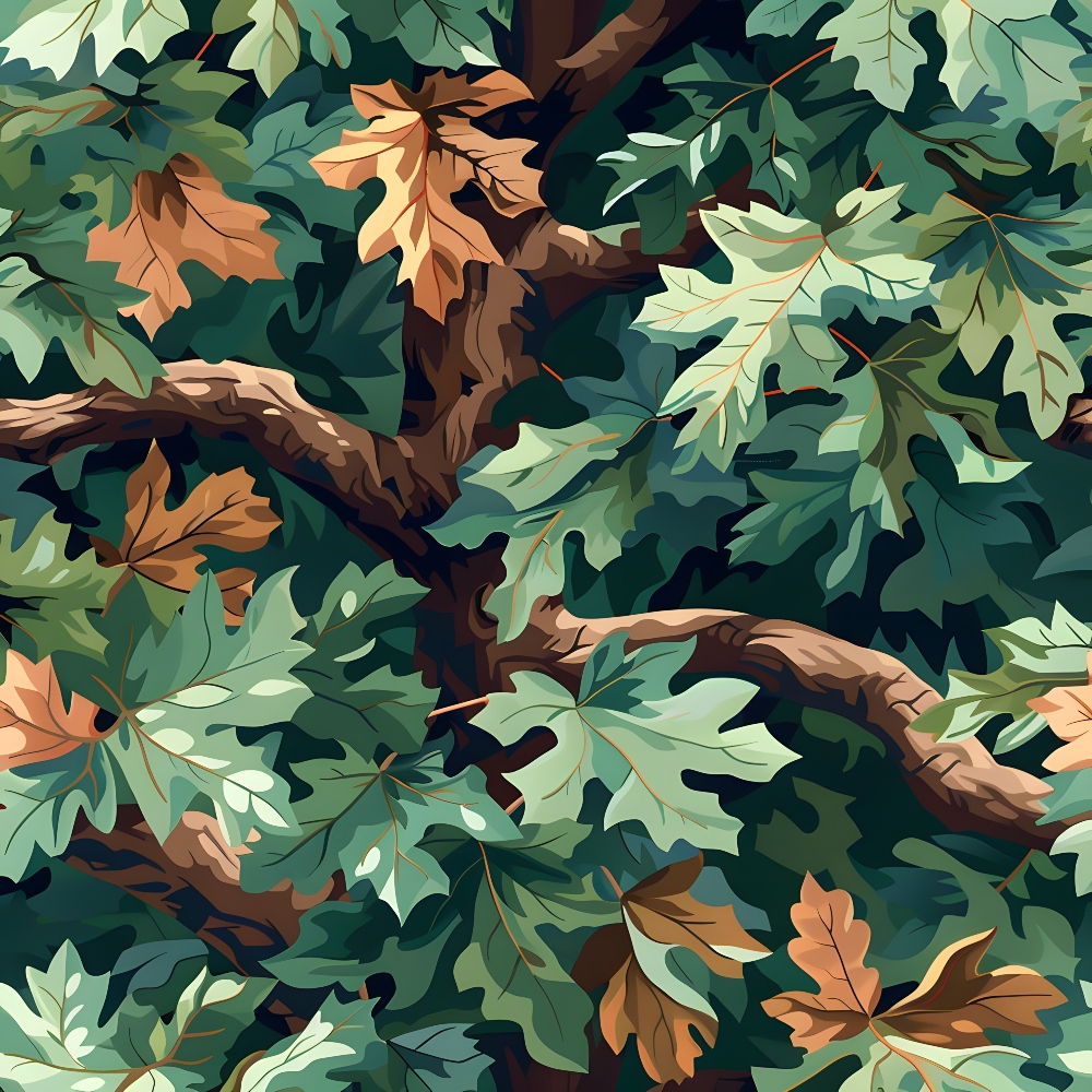 Illustration of a tree with branches and a mix of green and brown leaves, showcasing a dense, leafy pattern.