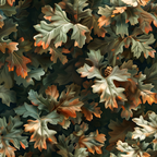 Illustration of oak leaves in various shades of green, orange, and brown with a cluster of acorns nestled among them.