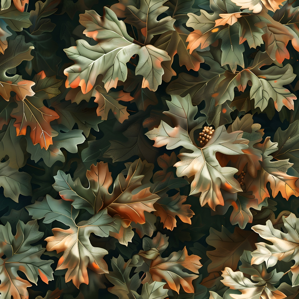 Illustration of oak leaves in various shades of green, orange, and brown with a cluster of acorns nestled among them.