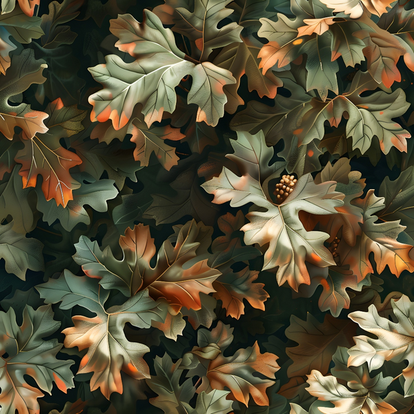 Illustration of oak leaves in various shades of green, orange, and brown with a cluster of acorns nestled among them.