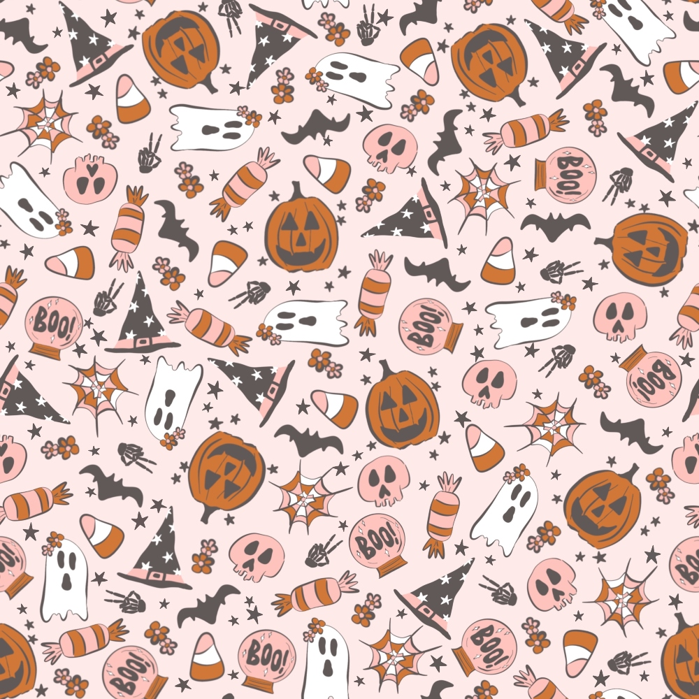 Halloween-themed pattern featuring pumpkins, ghosts, bats, witches hats, spider webs, and candy on a pink background.