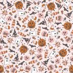 Halloween-themed pattern featuring pumpkins, ghosts, bats, witches hats, spider webs, and candy on a pink background.