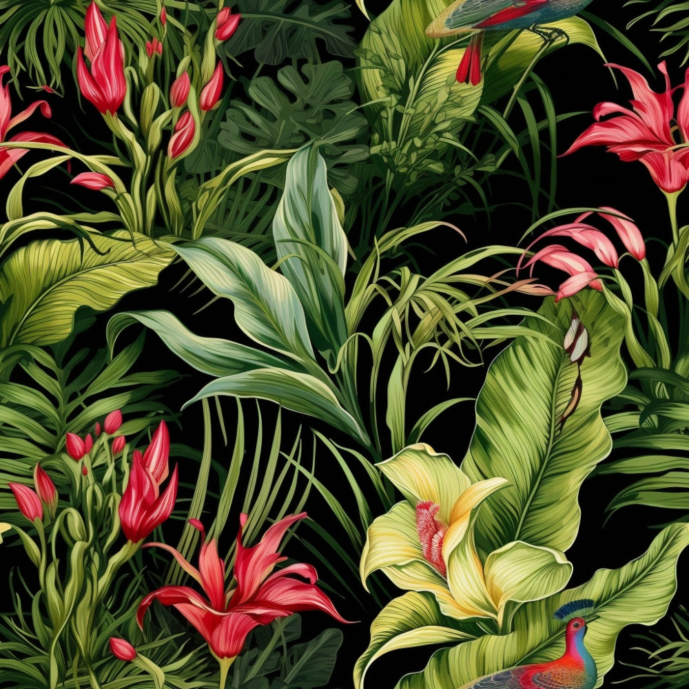 Tropical foliage and flowers, including red blooms and large green leaves, with birds among the greenery against a dark background.