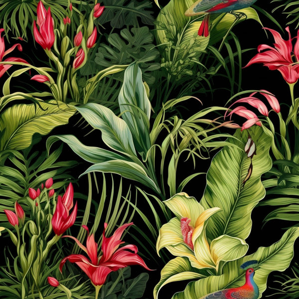 Tropical foliage and flowers, including red blooms and large green leaves, with birds among the greenery against a dark background.