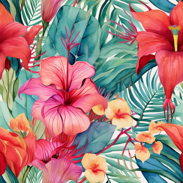Vibrant tropical floral pattern with red, pink, and yellow flowers and lush green leaves.