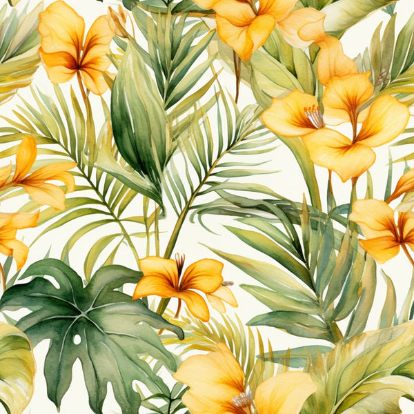 Yellow hibiscus flowers and assorted green leaves are arranged in a seamless, tropical watercolor pattern on a light background.