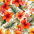 Floral pattern featuring vivid red and orange hibiscus flowers and green tropical leaves against a light background.