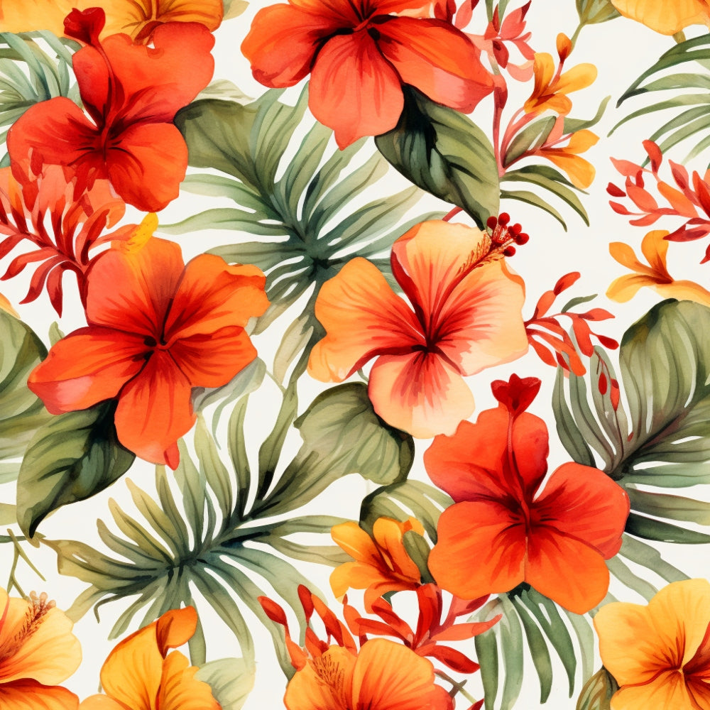 Floral pattern featuring vivid red and orange hibiscus flowers and green tropical leaves against a light background.